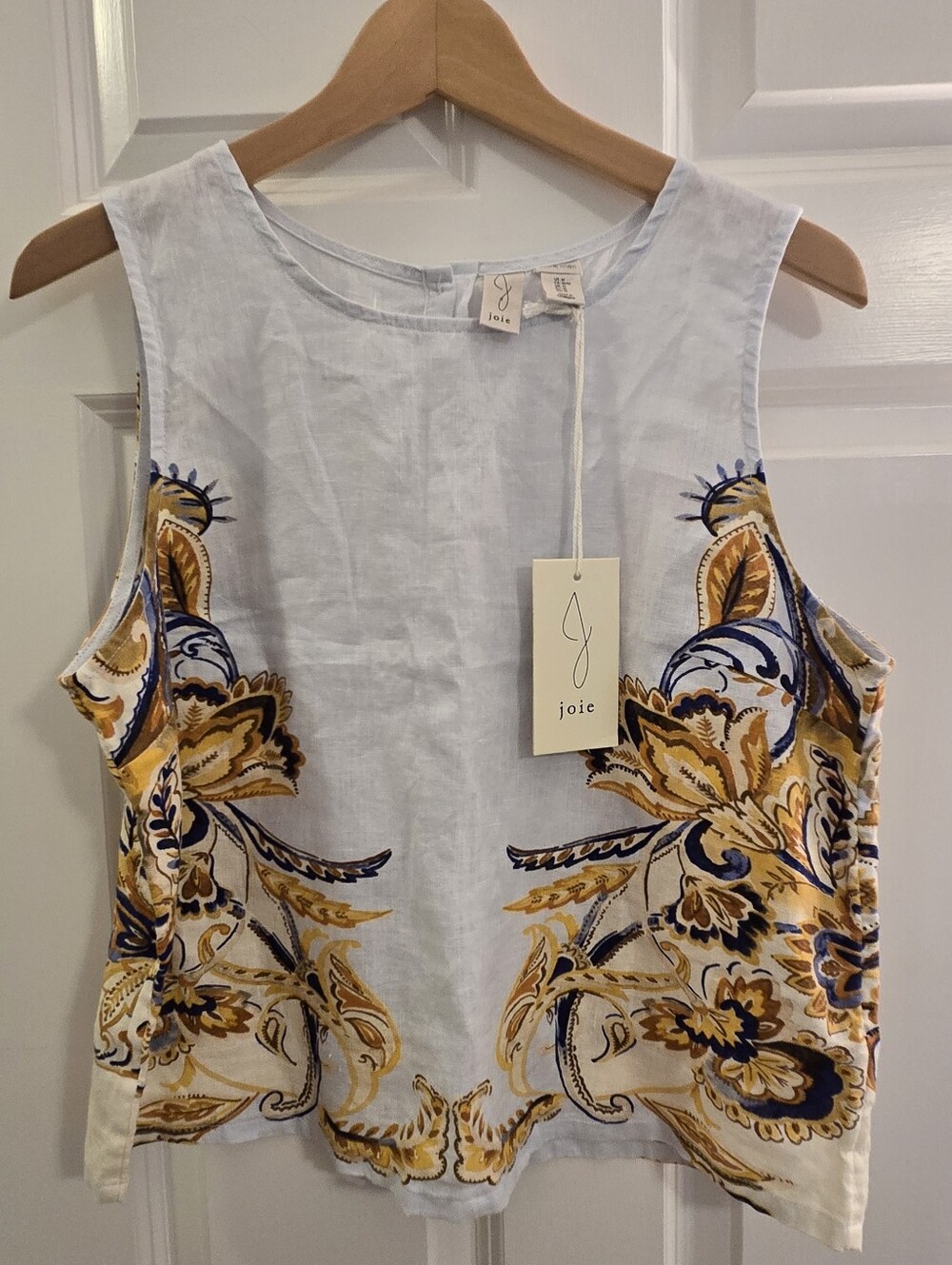 NWT Joie Women's Linen Sleeveless Top in Light Blue  & Mustard Coastal Elegant